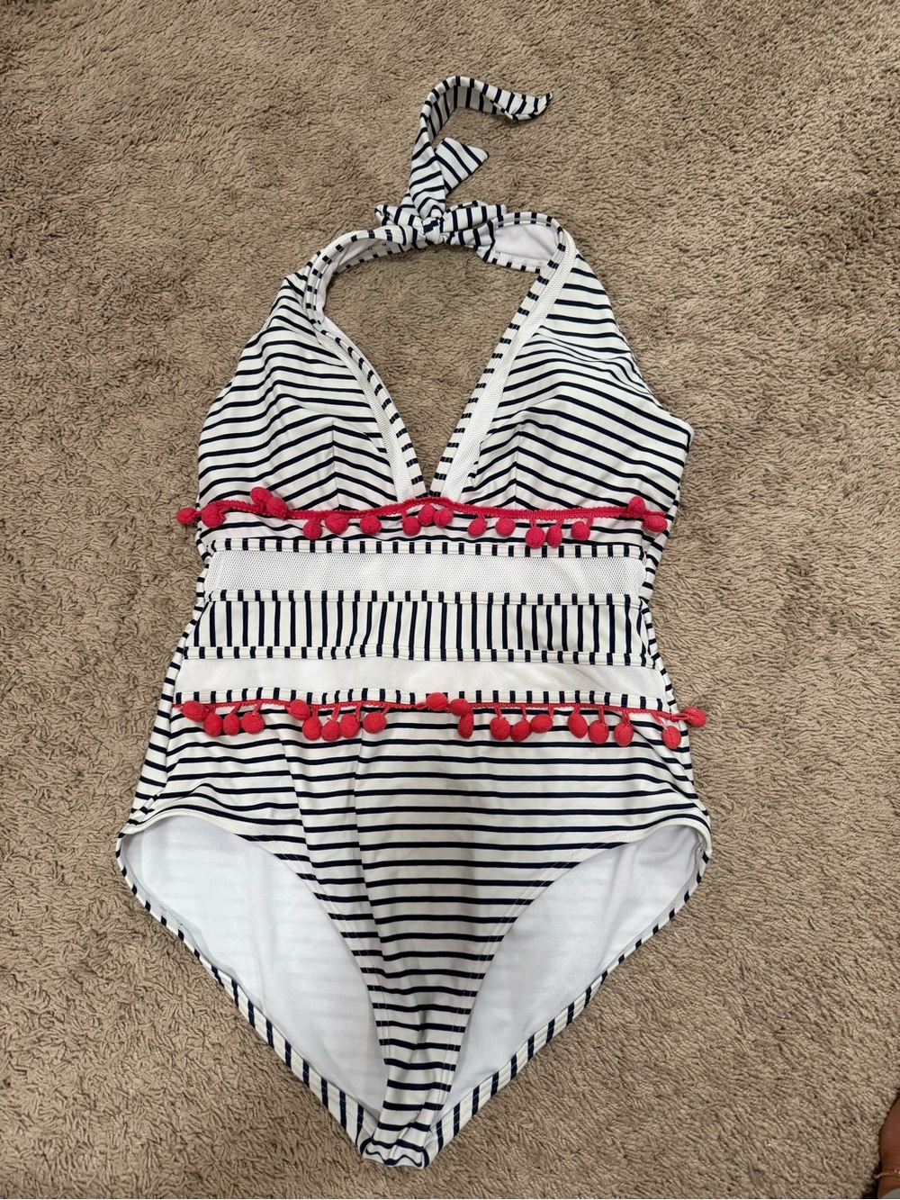 Striped Halter One-Piece Swimsuit with Red Pom Trim